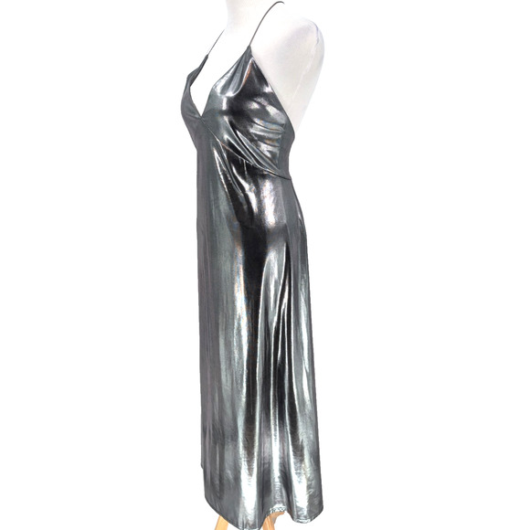 Zara Silver Liquid Metallic Maxi Slip Dress Glam Avant Garde Babydoll 90s Small - Picture 11 of 16